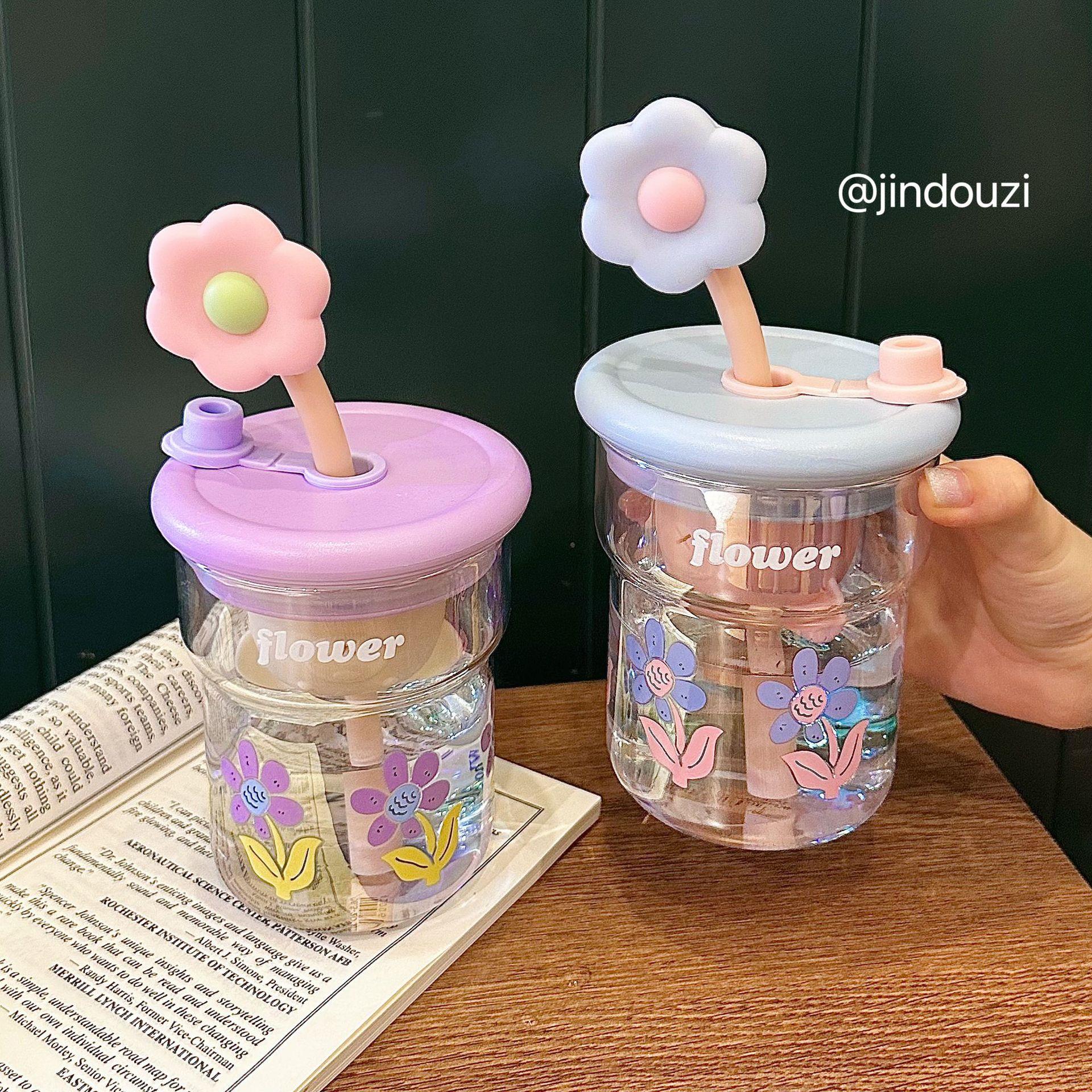 高颜值小花少女水杯带滤网高硼硅玻璃杯耐高温女生办公泡茶吸管杯