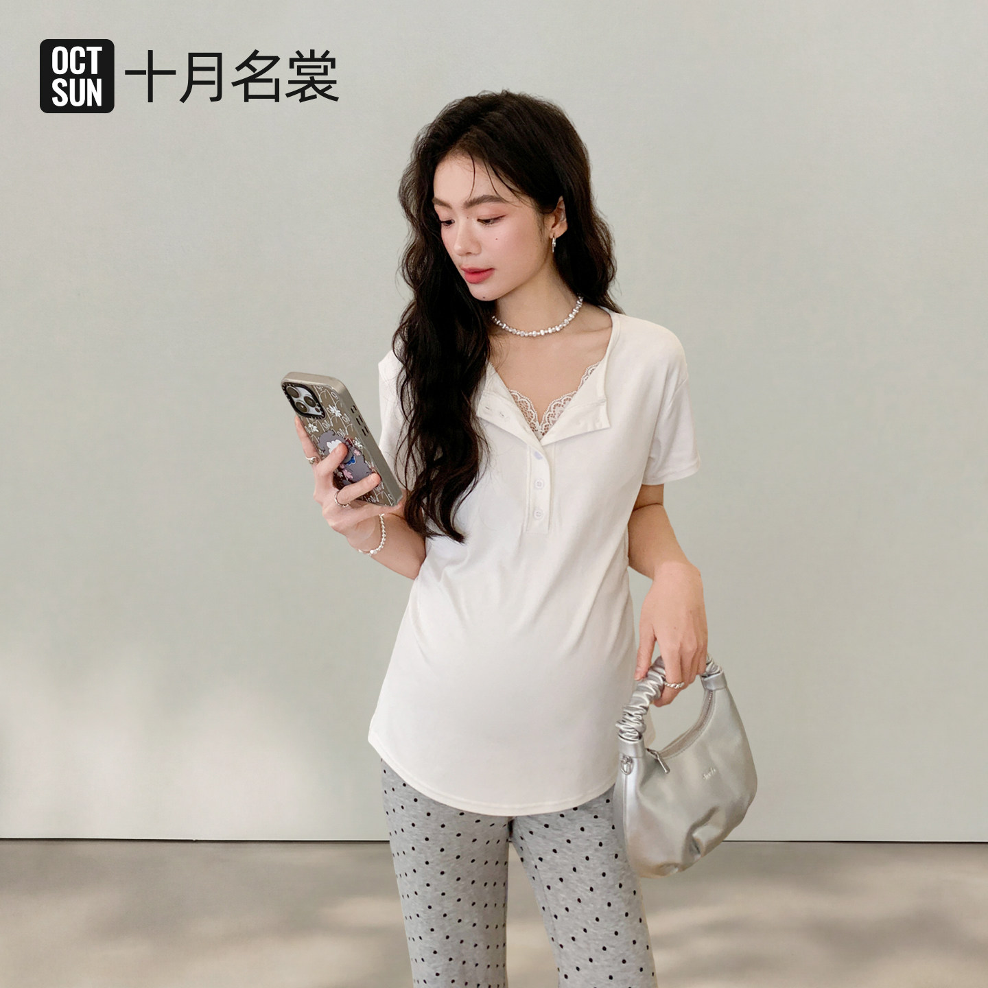 十月名裳孕妇装T恤夏季新款蕾丝拼接V领莫代尔短袖女显瘦百搭上衣