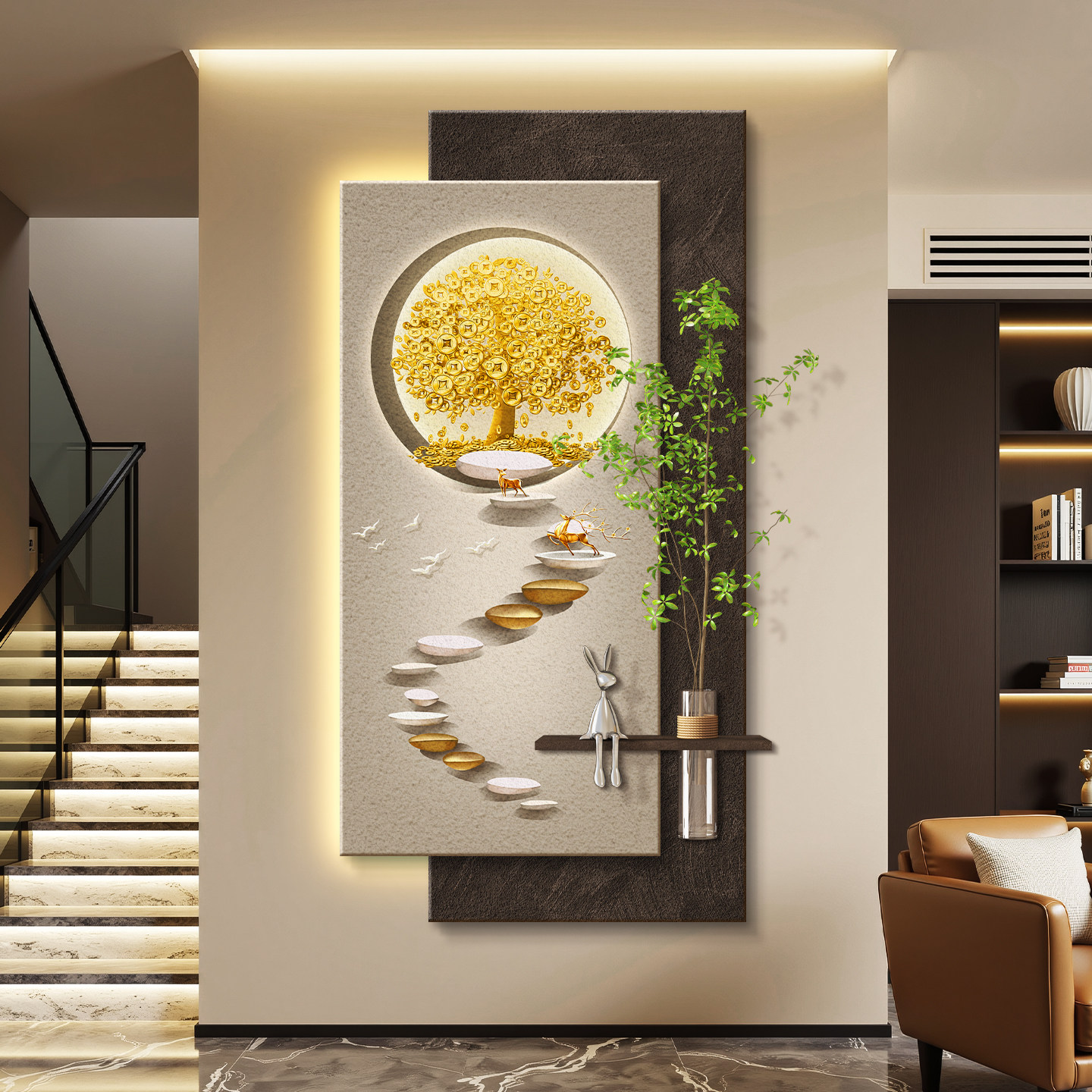 轻奢led带灯入户进门玄关装饰画走廊过道挂画壁画高级感立体砂岩