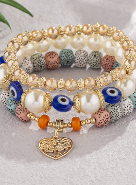 新款波西米亚桃心分层手链手圈创意女士首饰爱心多层串珠时尚手链