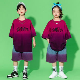 六一儿童节表演服渐变T恤男童嘻哈街舞潮装女童hiphop潮牌演出服
