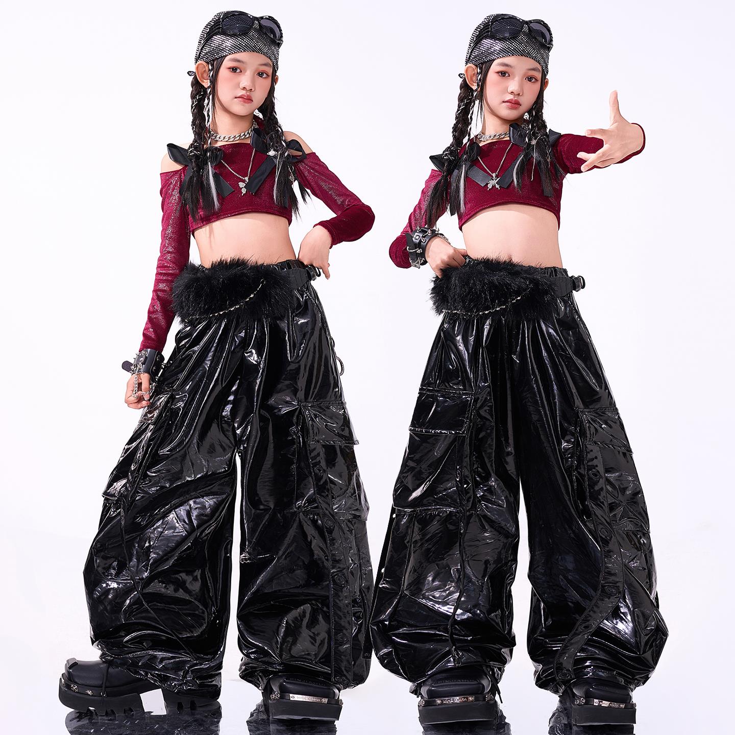 女孩jazz爵士舞潮服女童露脐上衣皮裤舞台走秀服街舞打歌舞演出服