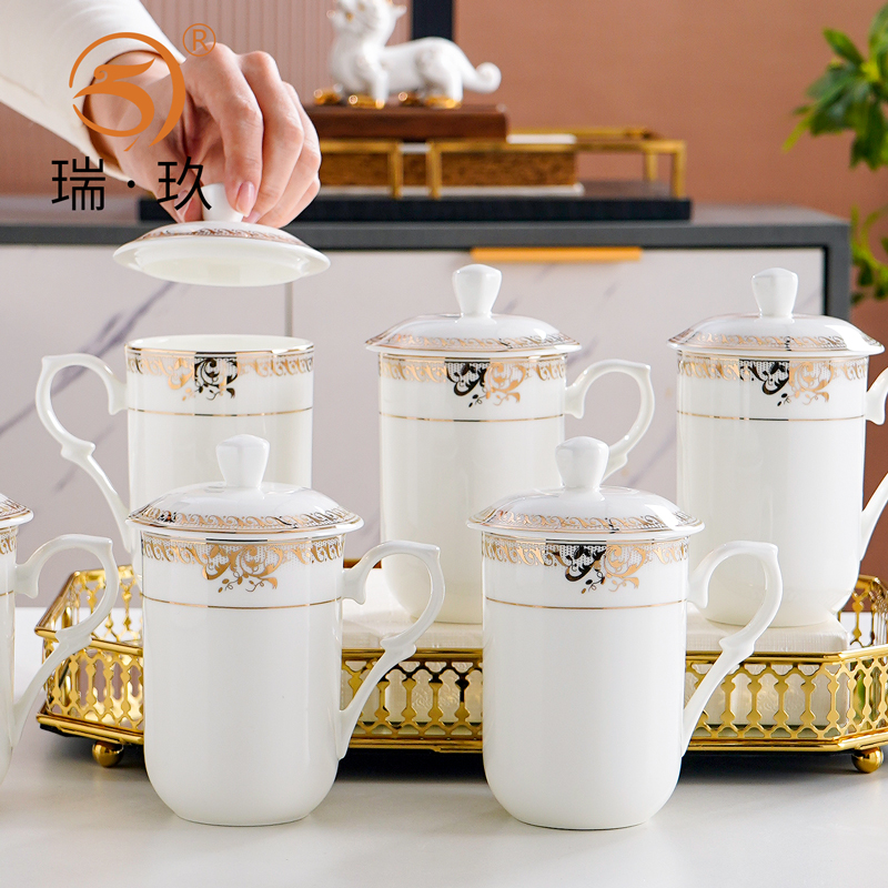 骨瓷商用带盖办公杯金边陶瓷水杯