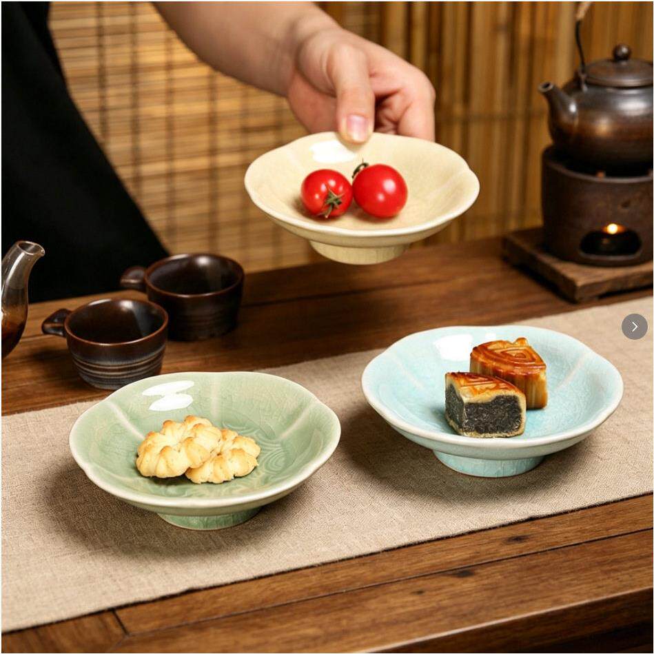 冰裂陶瓷点心盘水果盘中式围炉煮茶家用餐厅脚茶点干果盘小碟子
