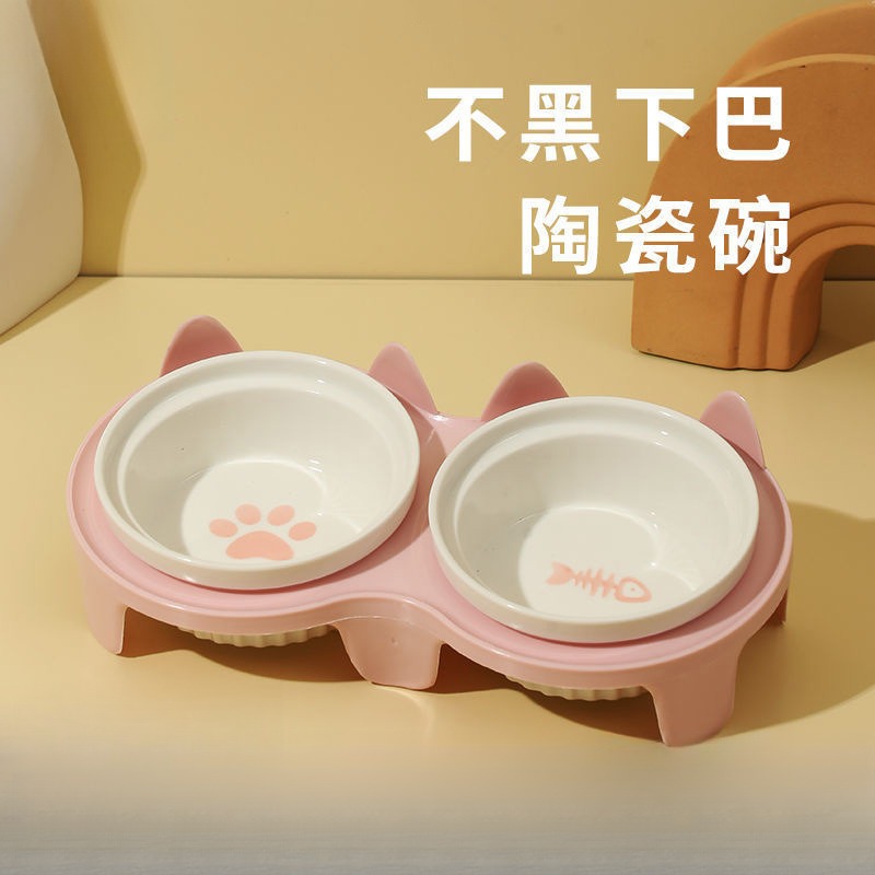 陶瓷猫碗猫咪陶瓷碗斜口饮水碗猫粮食盆猫咪喝水碗宠物专用双碗