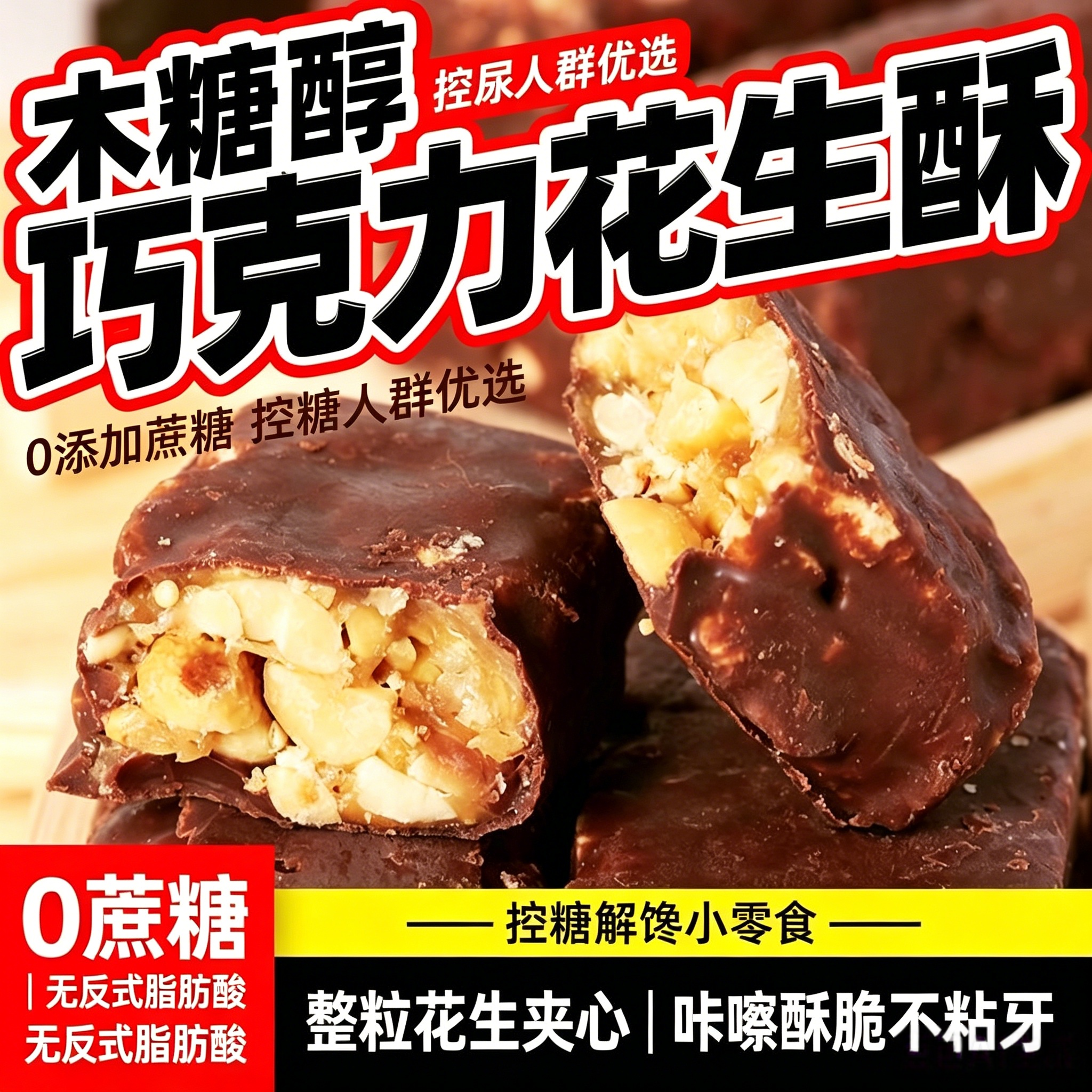巧克力花生酥木糖醇无添加蔗糖糖果夹心办公室休闲解馋零食品袋装