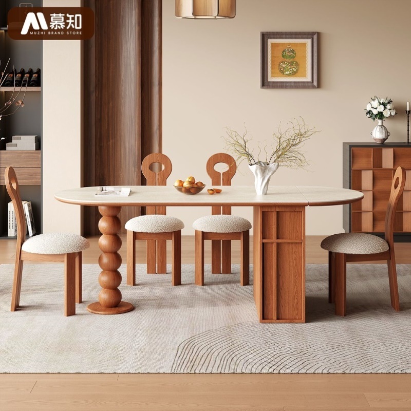 洞石岩板餐桌中古风法式复古家用吃饭桌椭圆形小户型靠墙折叠餐桌