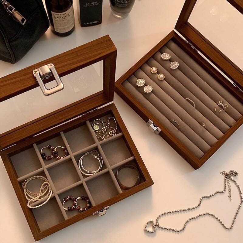 黑胡桃木纹高档精致便携首饰盒小型手饰品戒指项链耳钉耳饰收纳盒