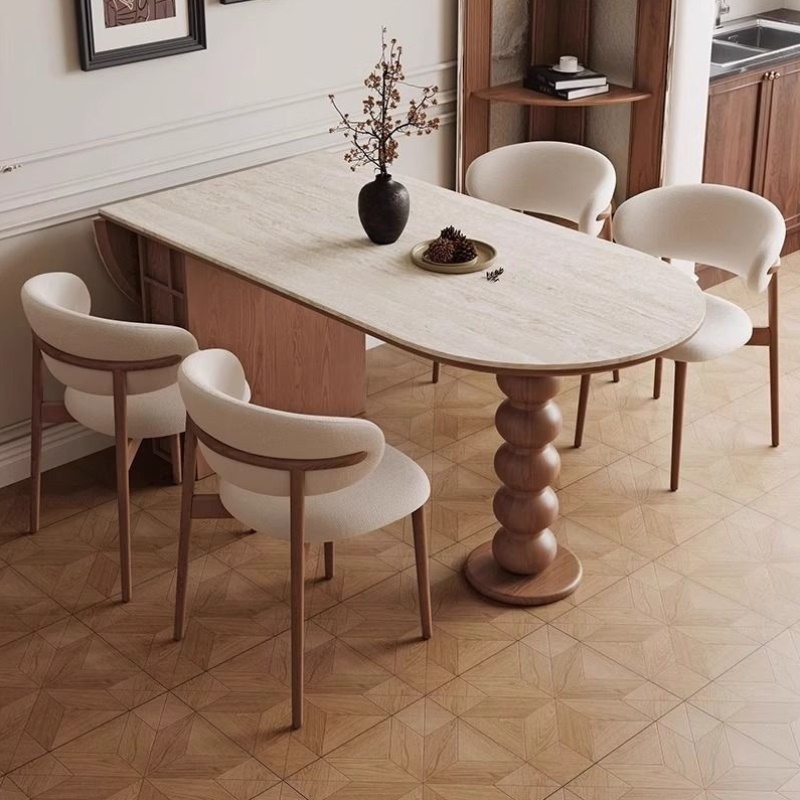 法式复古洞石岩板餐桌椭圆形可折叠储物中古风实木伸缩岛台吃饭桌