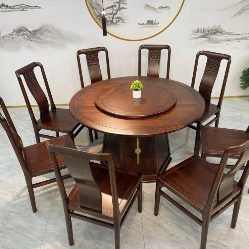 新中式乌金木圆餐桌椅组合转盘现代中式家用餐厅大尺寸全实木饭桌