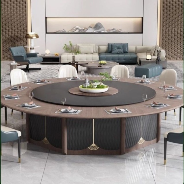 新中式酒店大圆桌电动实木餐桌带岩板转盘15人20人饭店餐厅家用桌