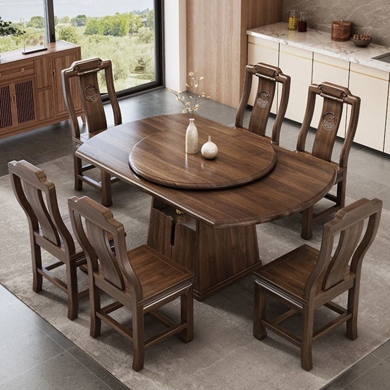 北美黑胡桃木餐桌椅组合小户型家用吃饭桌子可储物可伸缩折叠餐桌