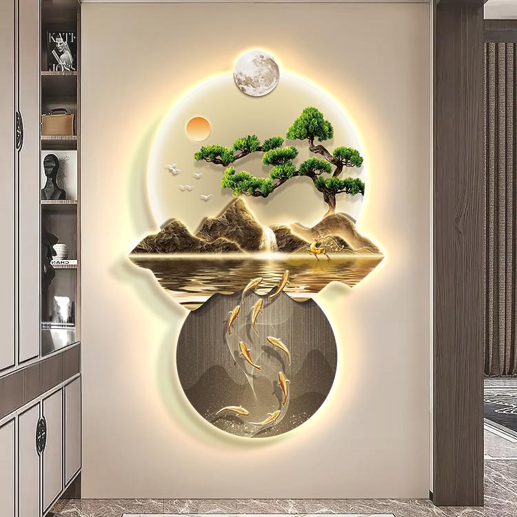 流水生财新中式壁灯入户门迎客松挂画玄关九鱼图山水装饰走廊过道