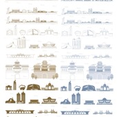 银川宁夏景点地标志手绘建筑地平天际线描稿设计插画剪影旅游素材