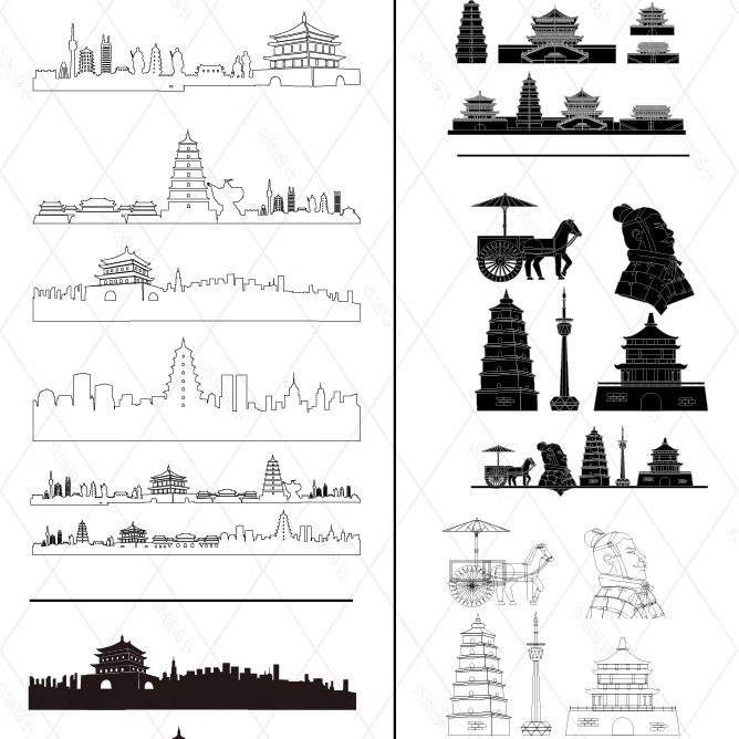 西安陕西景点地标志地平天际线描稿建筑设计旅游手绘剪影插画素材