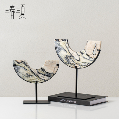 新中式大理石半月半玉璧摆件高档茶楼酒店客厅玄关别墅装饰工艺品