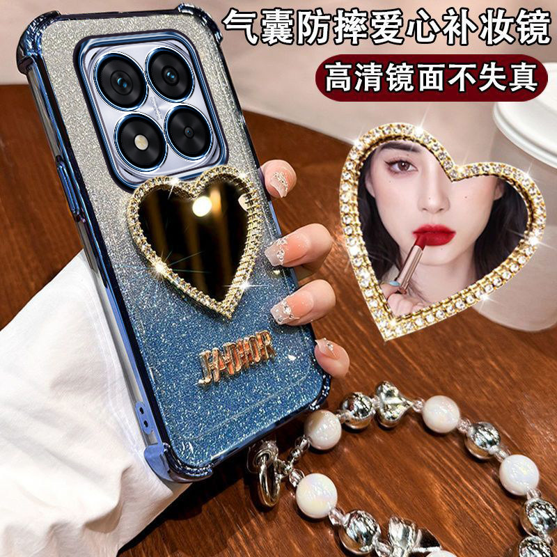 适用小米红米note15pro十卫星通信版手机壳25104RADAC镶钻爱心镜面女Redmi四角气囊防摔5g镜头全包保护高颜值