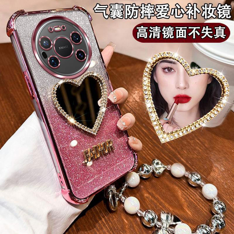 适用华为Mate80ProMax手机壳女潮款SGT-AL10网红镶钻爱心化妆镜面5g全包防摔mt高档huawei魅特80四角硅胶气囊