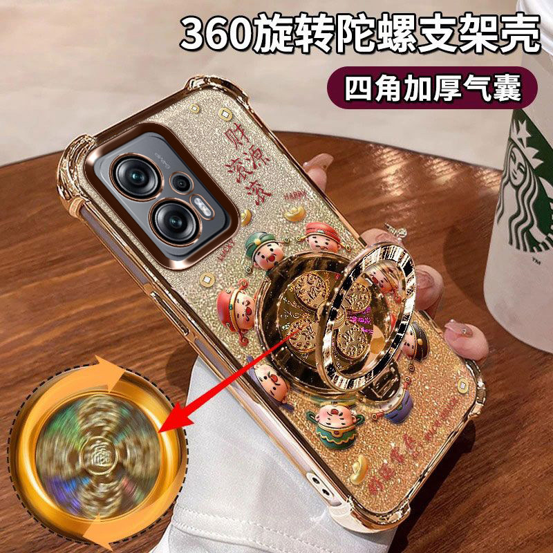适用小米红米Note11TPro手机壳全包防摔22041216C闪金财神镜头膜保护redminote12tpro国潮23054RA19C陀螺支架