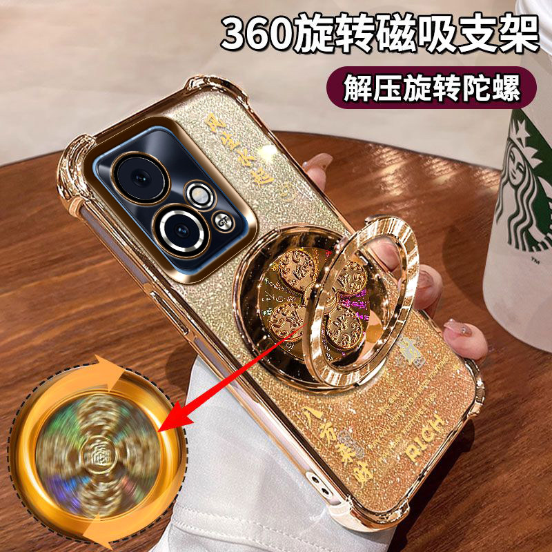 适用华为荣耀90GT手机壳金色自带镜头膜MAG-AN00全包防摔四角气囊honor八方来财保护套5G风生水起支架ins潮款