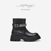 Hardy Acc埃德哈迪马丁靴女短筒全真皮粗跟小个子黑色机车靴子