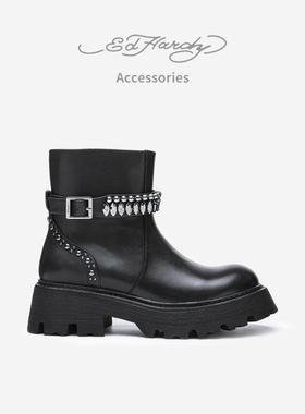 Ed Hardy Acc埃德哈迪马丁靴女短筒全真皮粗跟小个子黑色机车靴子