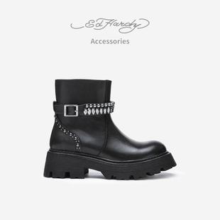 Acc埃德哈迪马丁靴女短筒全真皮粗跟小个子黑色机车靴子 Hardy