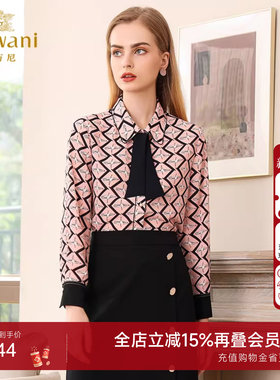 乔万尼商场新款宽松气质清透雪纺上衣女士拼接黑色领带EN3C313105