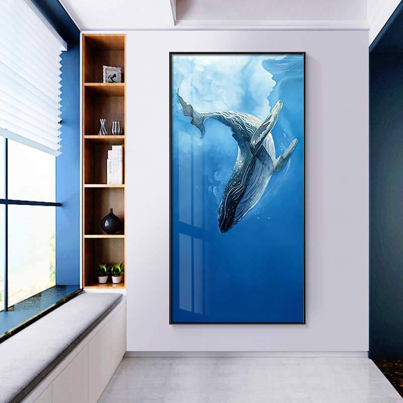现代简约玄关装饰画过道走廊尽头竖版壁画海洋鲸鱼海豚儿童房挂画