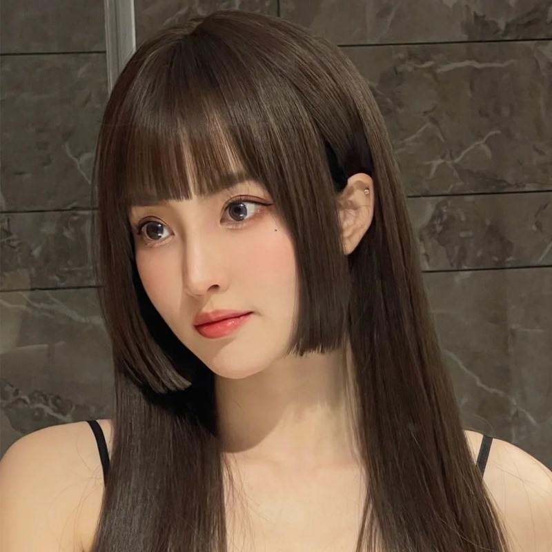 公主切假发女长发冷棕色直发全头套式姬发水母头一刀切网红假发套