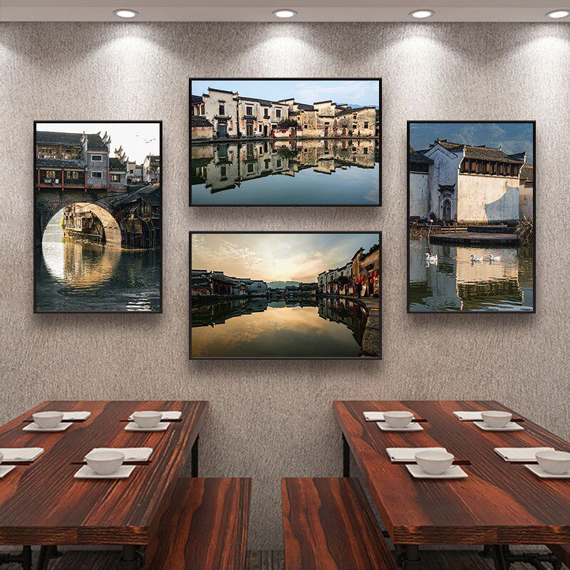 徽派古建筑屋檐挂画江南水乡风景客厅墙面装饰画饭店餐厅怀旧壁画
