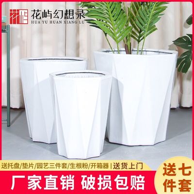 陶瓷特大花盆纯白色简约百搭客厅家用落地几何八角种树绿植大盆栽