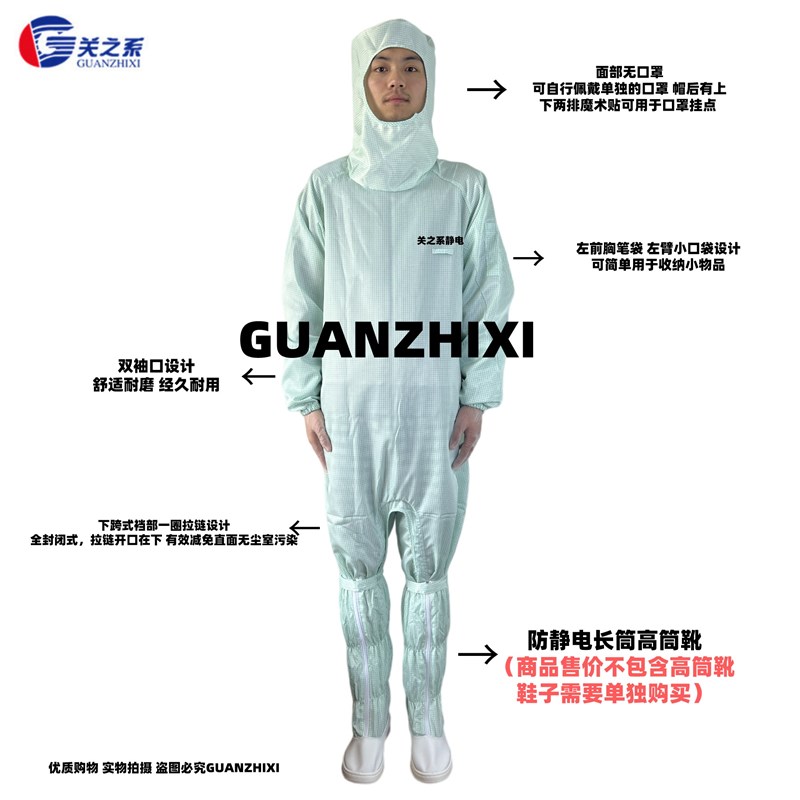 浅绿色百级网格无尘服蛙式下跨拉链连帽连体服防静电洁净服防护服