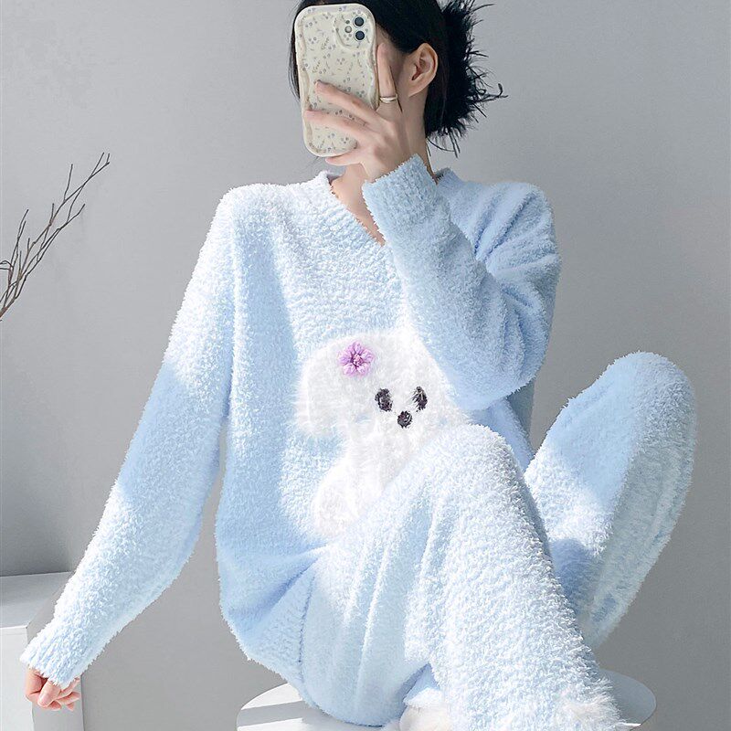 卡通小狗加厚加绒半边绒睡衣女冬季2025新款珊瑚绒家居服冬天套装