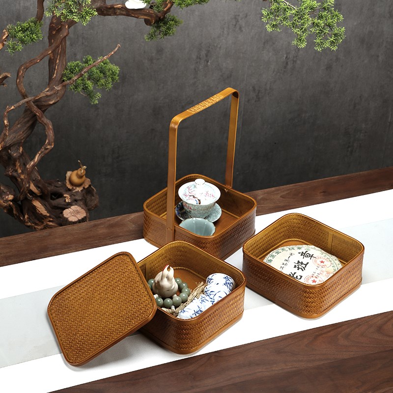 复古竹编提篮双层食盒茶具收纳篮防尘茶点盒古风道具水果篮子旅行