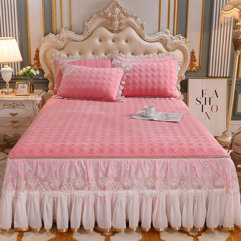 欧式水晶绒床裙冬季法莱绒夹棉加厚床罩床套1.5m1.8米可拆卸裙摆
