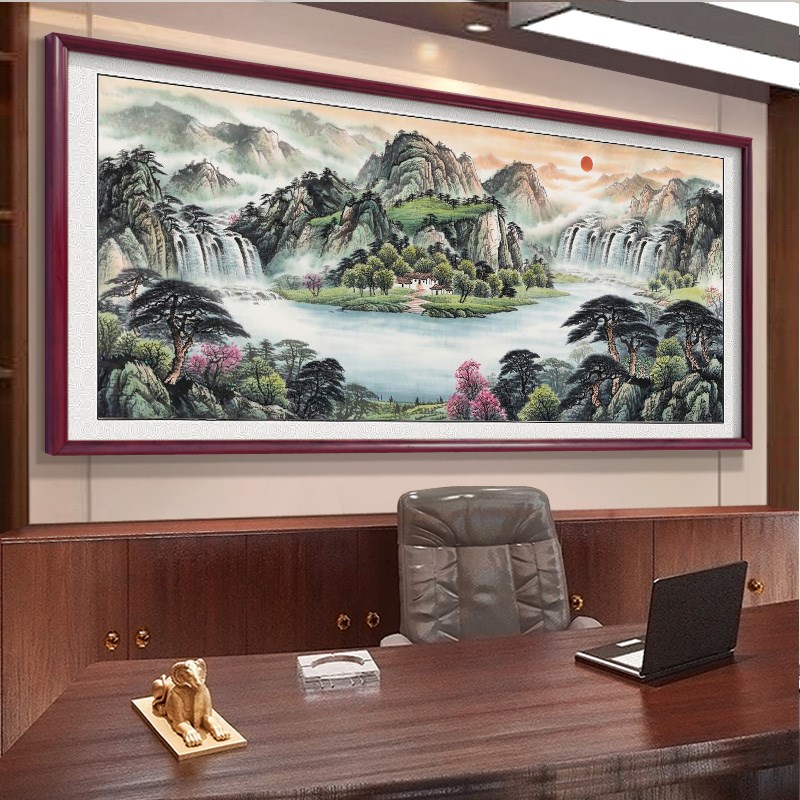 名人大师纯手绘国画日出泰山水字画办公室客厅背景墙流水生财挂画