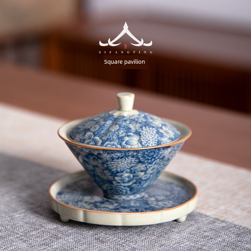 四方阁青花瓷三容碗竹帽杯单品高档陶瓷碗茶具防烫茶具