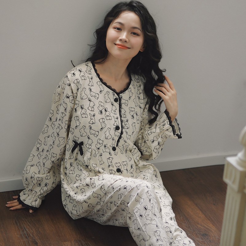 月子服睡衣女春秋季长袖梭织棉孕妇带胸垫产后哺乳喂奶10月套装冬