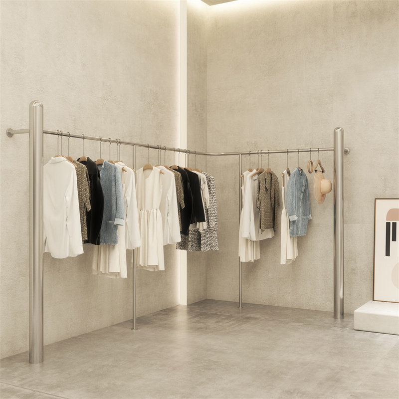 服装店展示架落地式不锈钢银色上墙挂衣杆女装店男装店货架陈列架