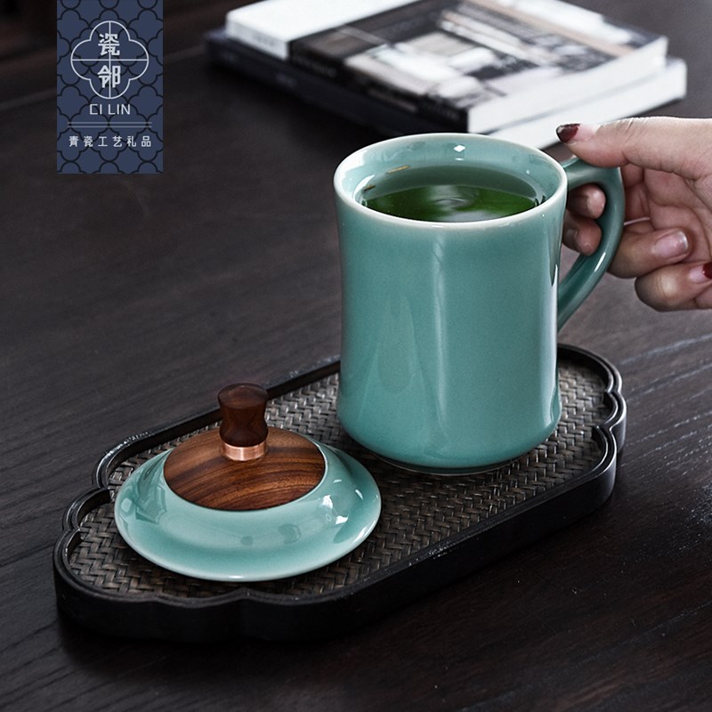 青瓷男士高档茶杯个人专用中式陶瓷杯带盖办公室杯子刻字定制礼品