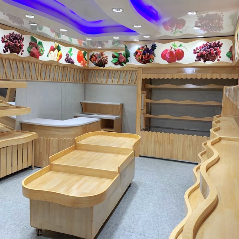 水果店货架展示架百果园波浪形超市果蔬货架阶梯式中岛柜木质架子