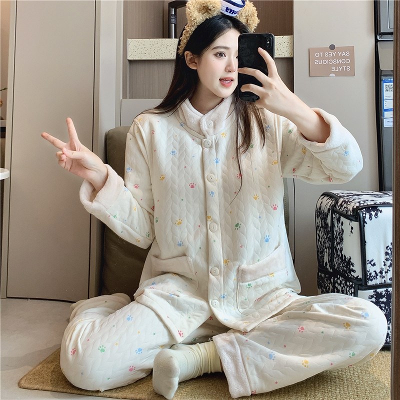 带胸垫孕妇睡衣女秋冬季空气夹棉加厚保暖冬天产后哺乳月子服蓝条
