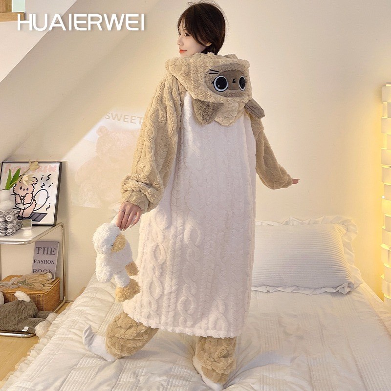 珊瑚绒睡衣女秋冬季加绒加厚可爱连帽睡袍长款冬天浴袍家居服套装