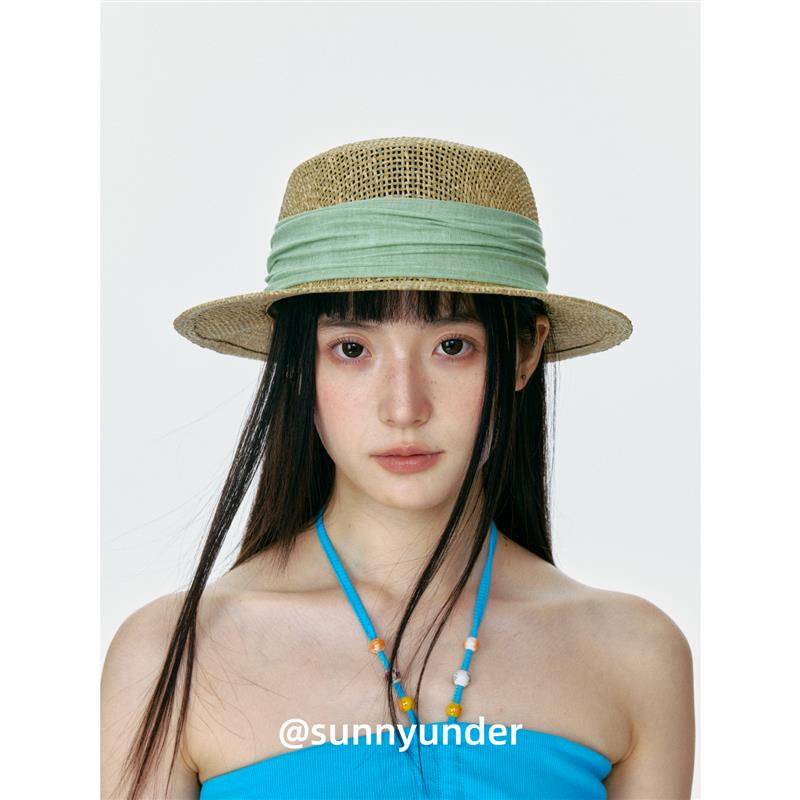法式复古海草色平顶草帽女夏季出游透气防晒遮阳帽度假礼帽潮ins