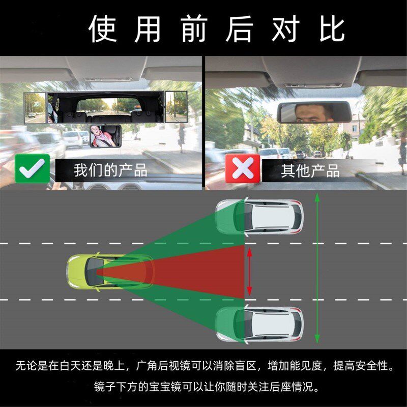 车内三折叠后视镜防炫目反光镜倒车镜 广角曲面大视野高清辅助镜