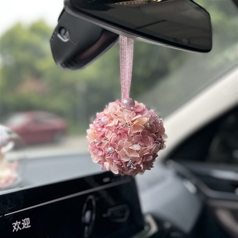进口小叶绣球永生花球汽车后视镜挂件高档车内装饰品精致节日礼物
