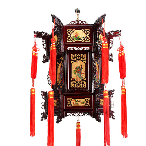旋转中式实木六角仿古宫灯吊灯新年结婚阳台户外羊皮大红灯笼挂饰