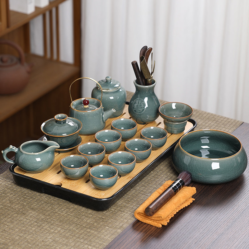 龙泉青瓷哥窑功夫茶具办公室专用套装家用轻奢陶瓷茶壶杯整套复古
