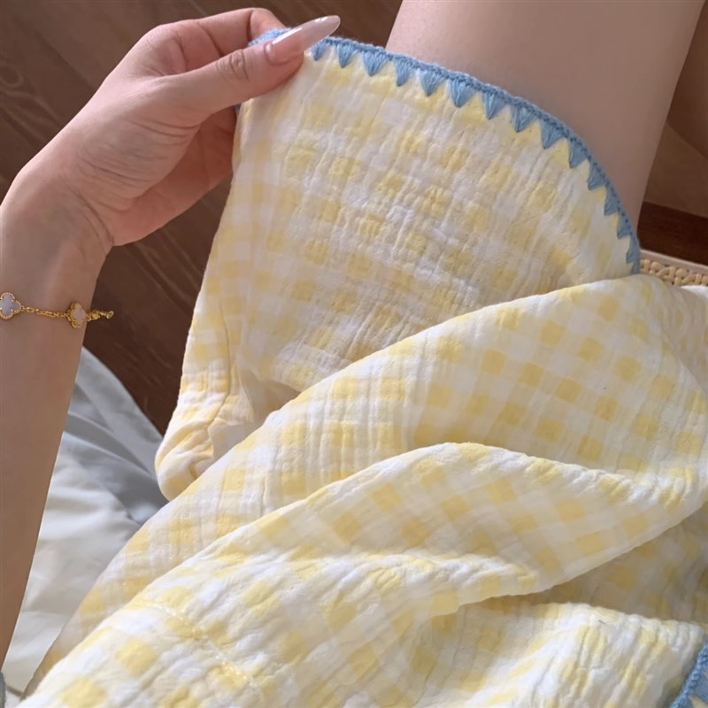 夏季可爱撞色格子棉纱睡衣女款夏2026新款短袖套装双层纱布家居服
